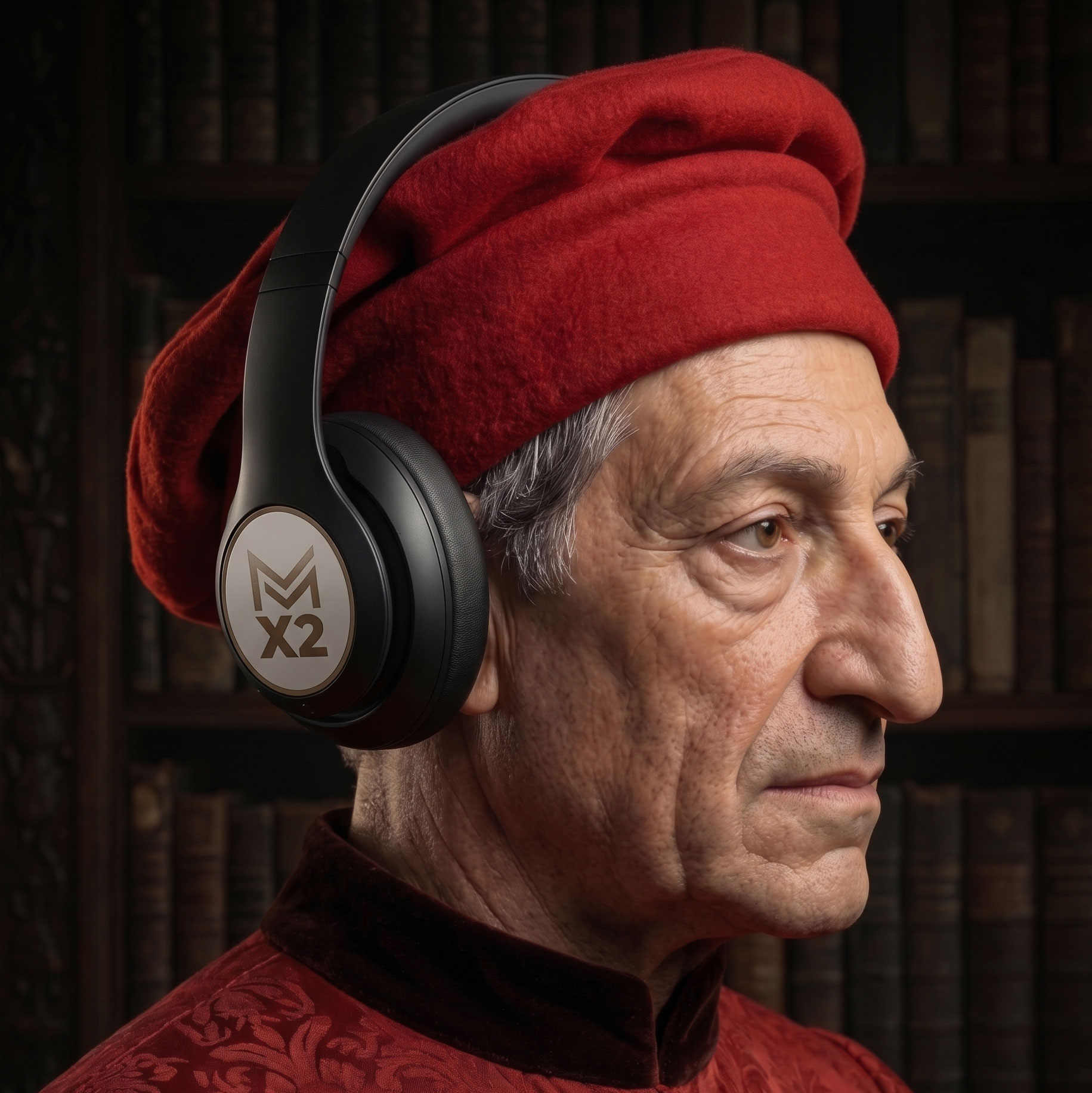 CosimoAI, the MaestroX Studio assistant, drawn as a Renaissance portrait