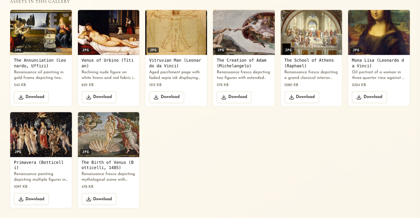 A client asset library gallery in MaestroX Studio with AI-written descriptions, file sizes, and one-click downloads