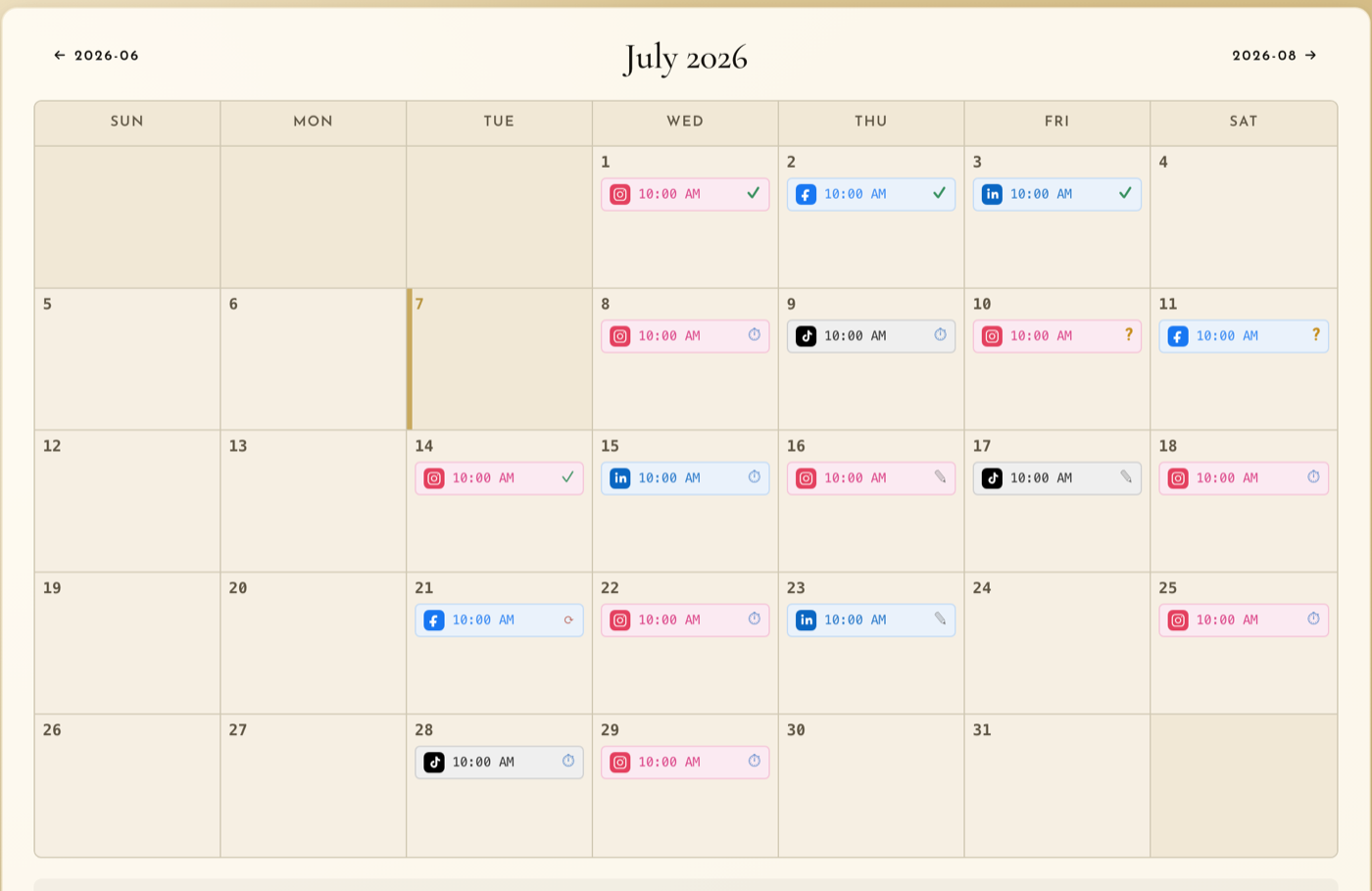 MaestroX Studio social content calendar showing scheduled, approved, and pending Instagram, Facebook, LinkedIn, and TikTok posts for a month
