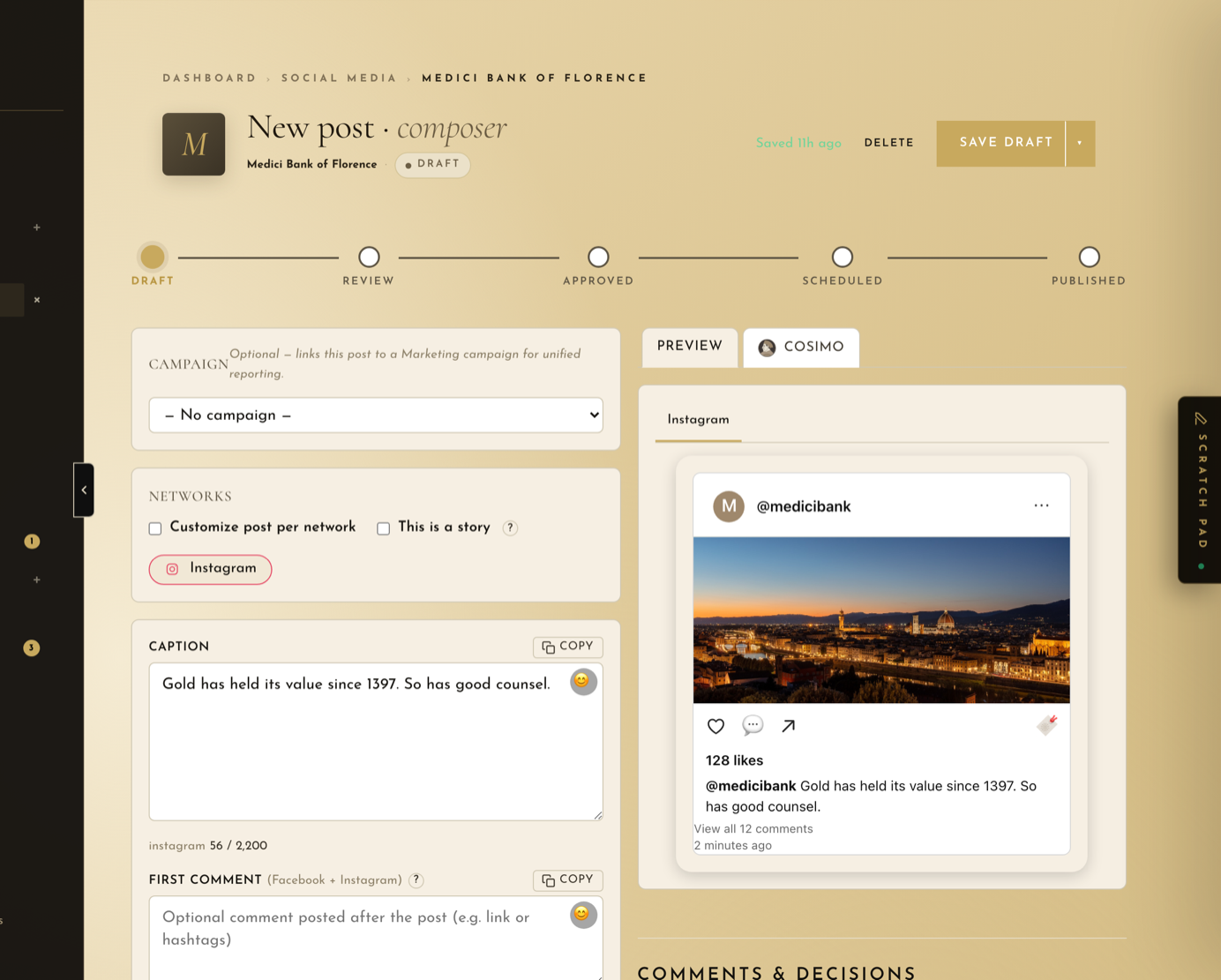 The MaestroX Studio social composer with an Instagram preview, caption, first comment, and the draft-to-published approval track