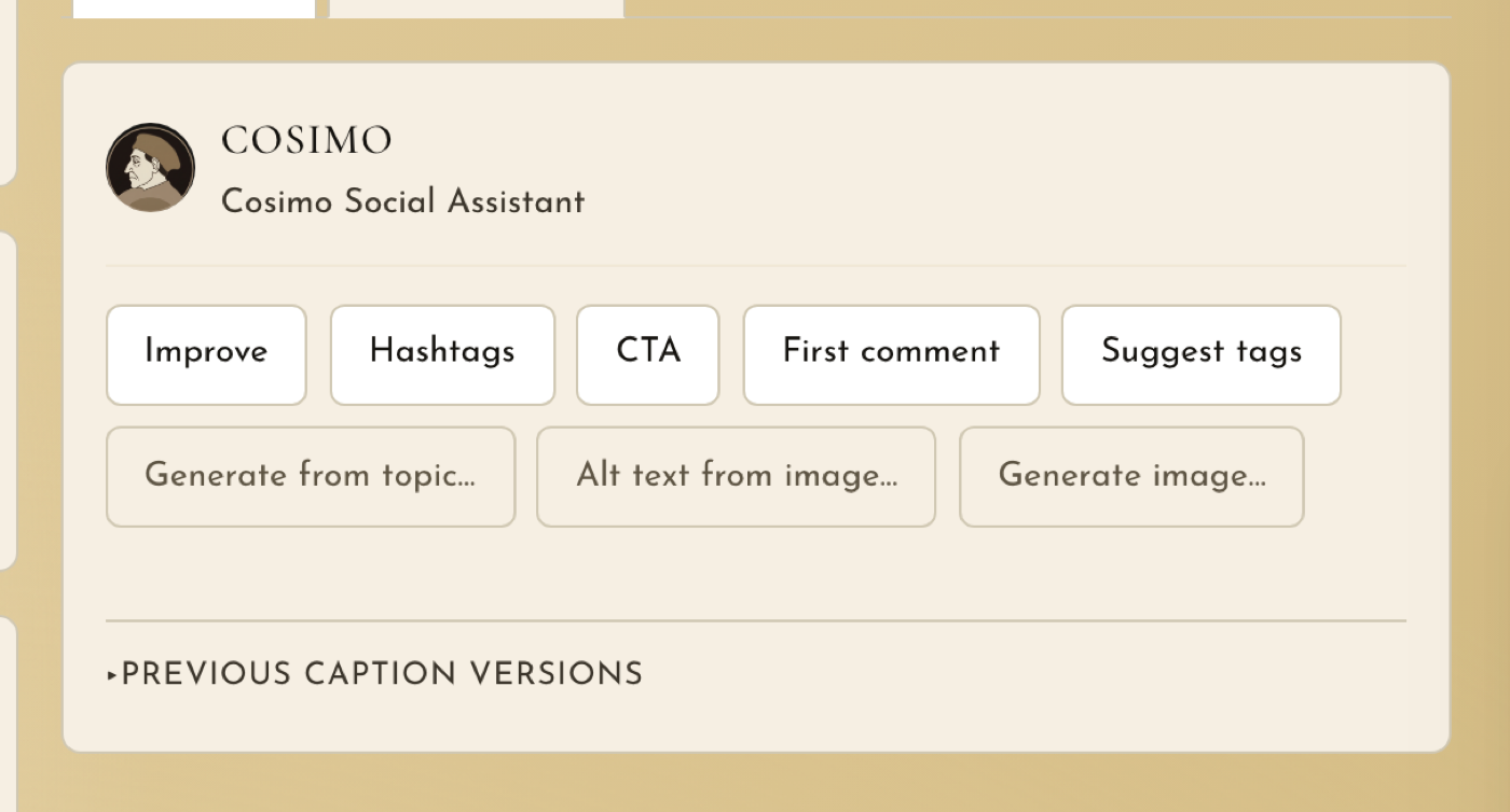 CosimoAI, the MaestroX Studio AI assistant, with one-click actions to improve a caption, suggest hashtags, add a call to action, and write alt text