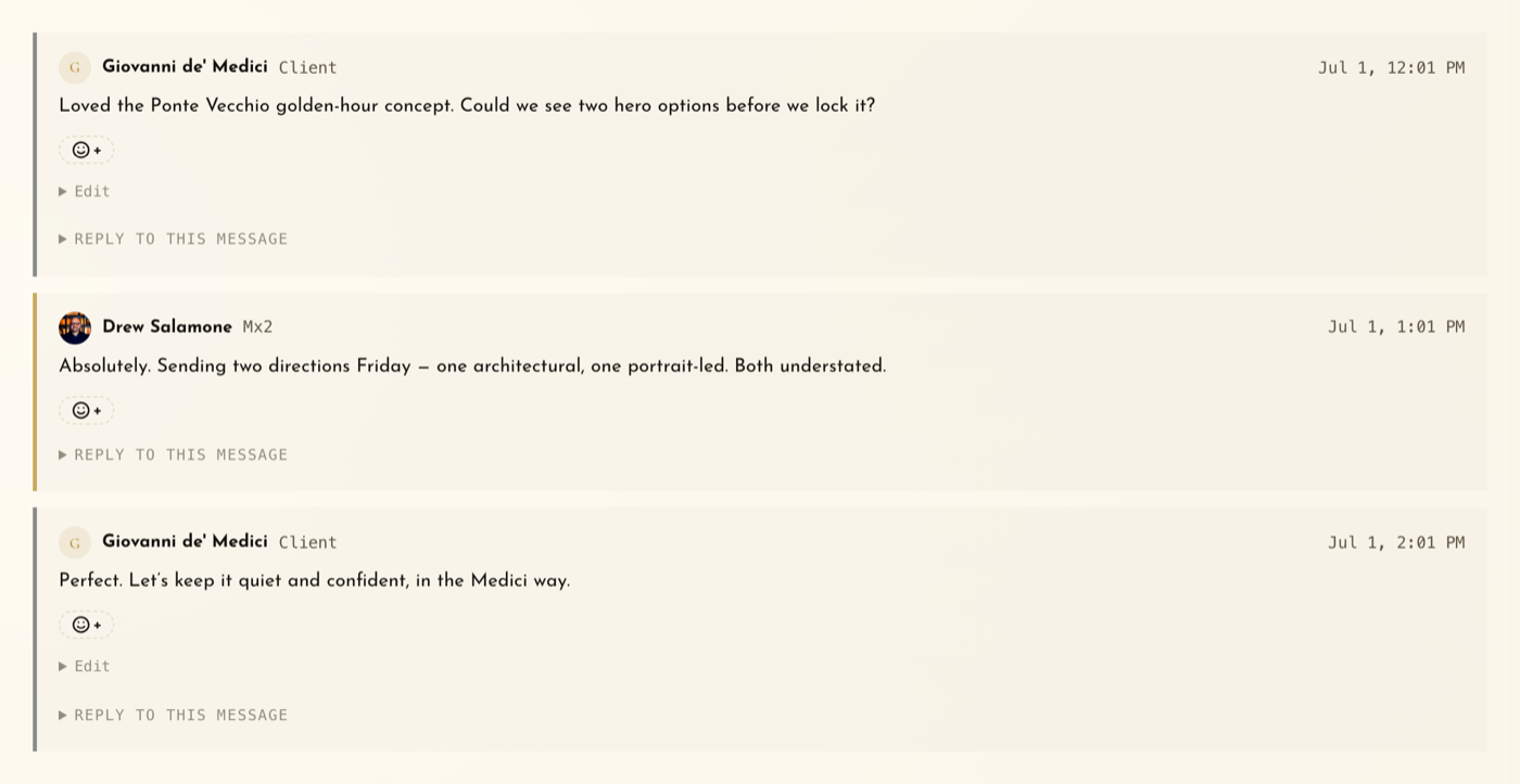 A MaestroX Studio discussion thread between a client and the agency team about hero photography options